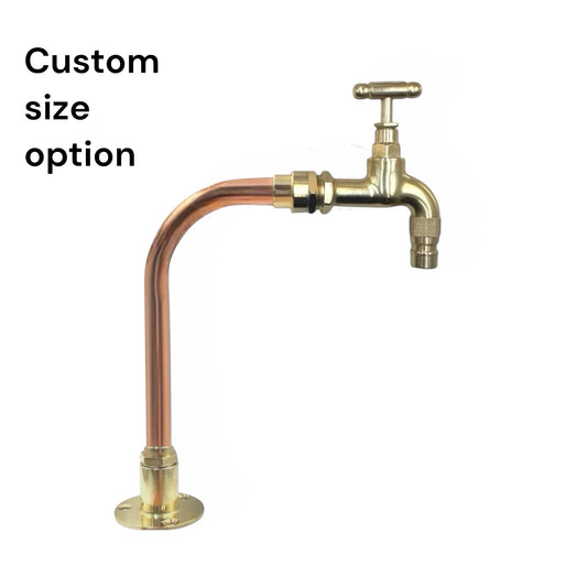 Brass and copper faucet on a white background with text 'Custom size option'.