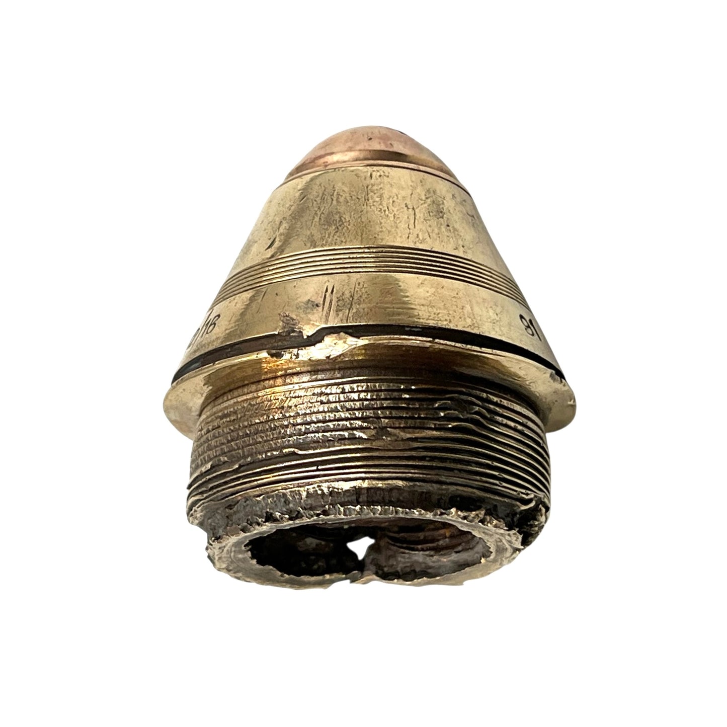 Close up of a polished British brass WW1 fuse or paperweight type 101 on a white background