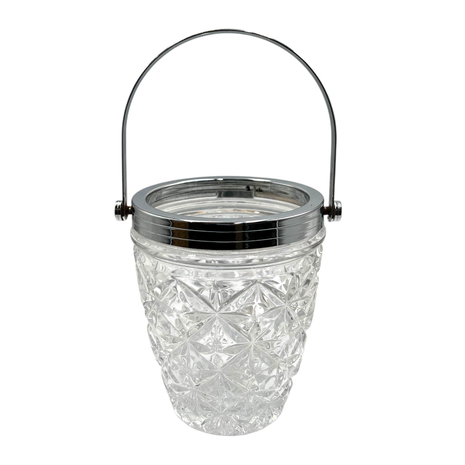 Clear glass ice bucket with textured design and metal handle on a white background
