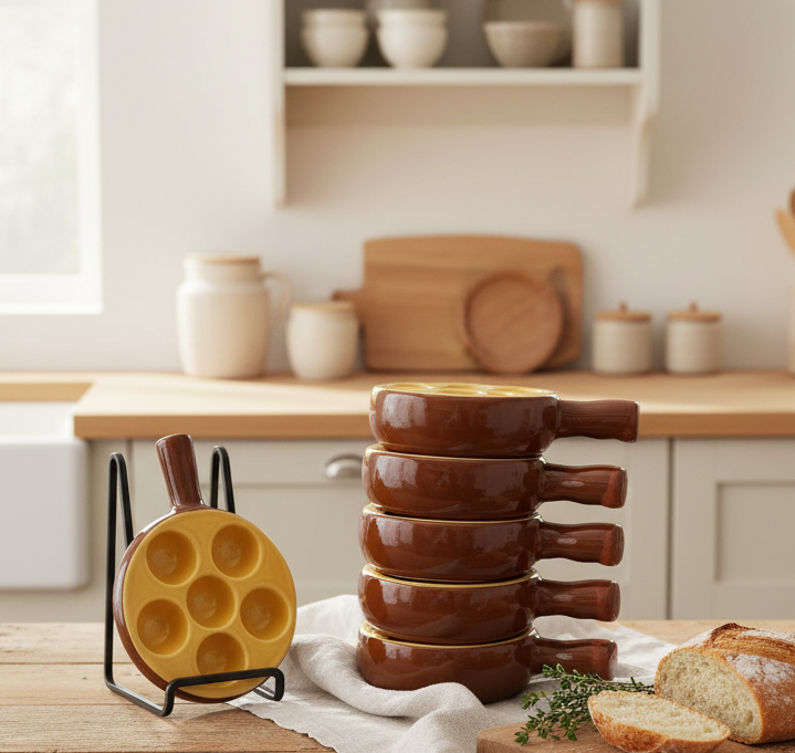 Set of 6 brown ceramic escargots dishes with handles and a pale interior, in a kitchen setting.