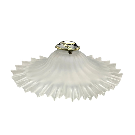 Decorative French vintage frosted glass lamp shade with a ribbed design and gold fixture on a white background