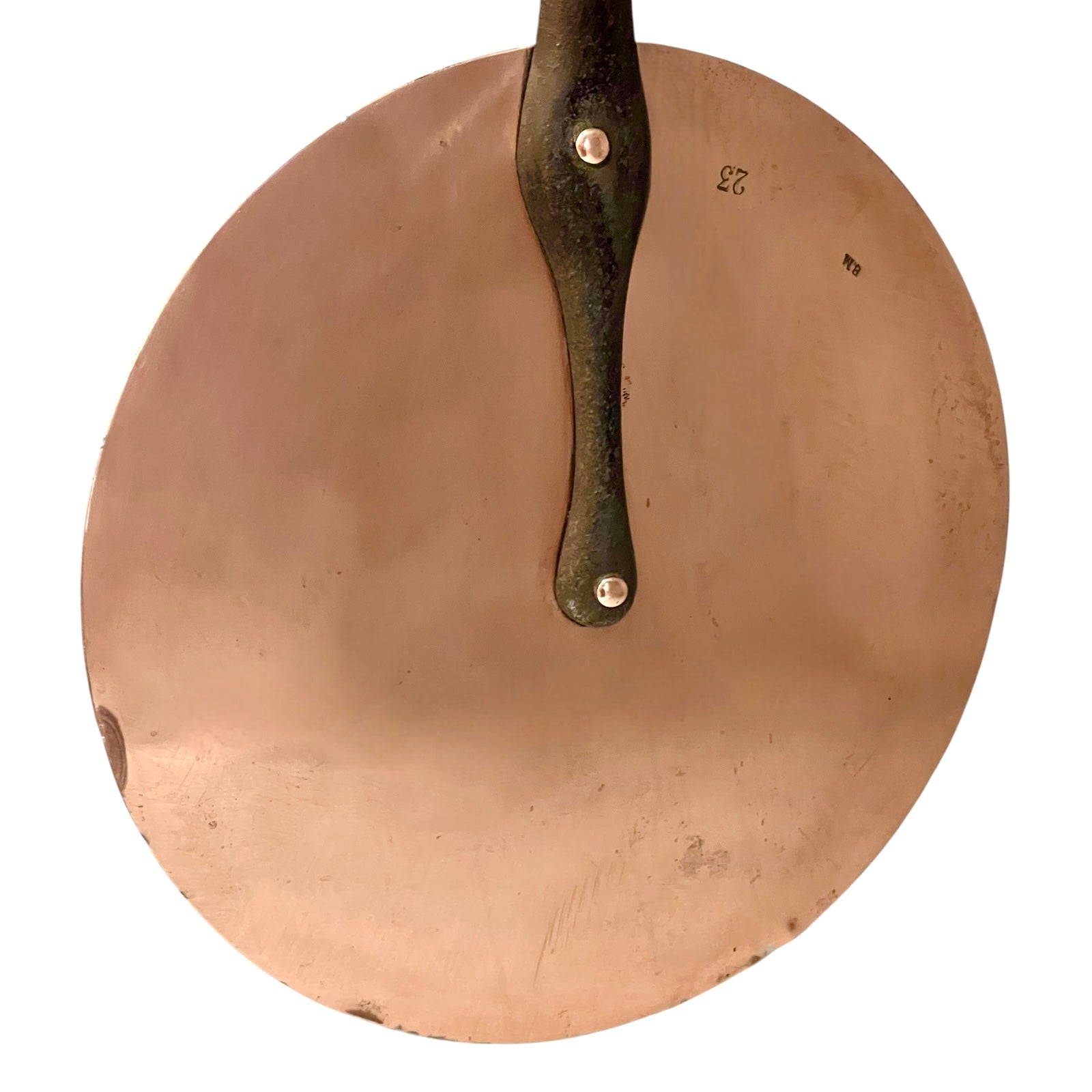 Authentic vintage French copper pan lid with cast iron handle and new tin lining  on a white background