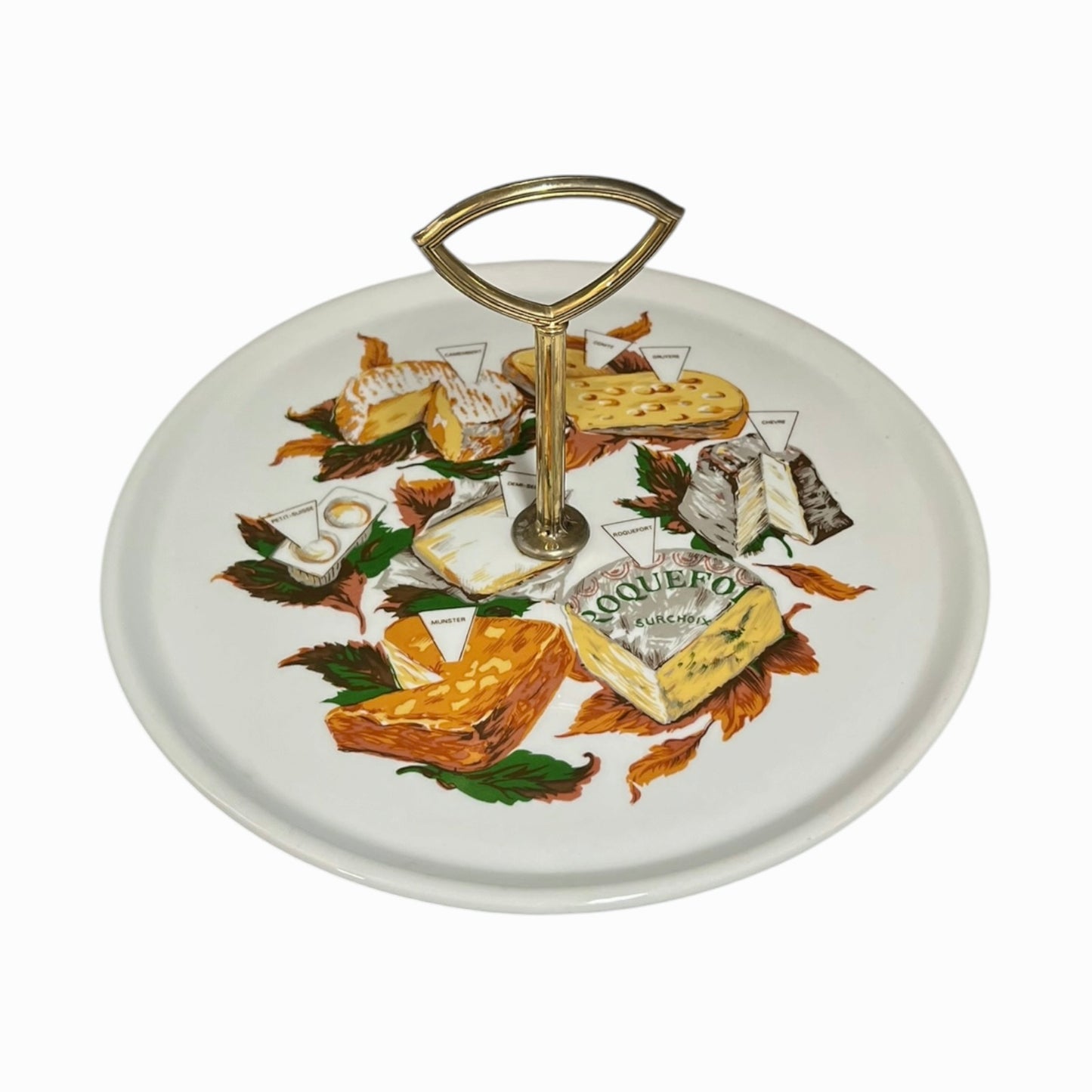 Decorative cheese board with illustrations of cheese and vegetables, ideal for a cheese and wine evening or a buffet, set on a white background