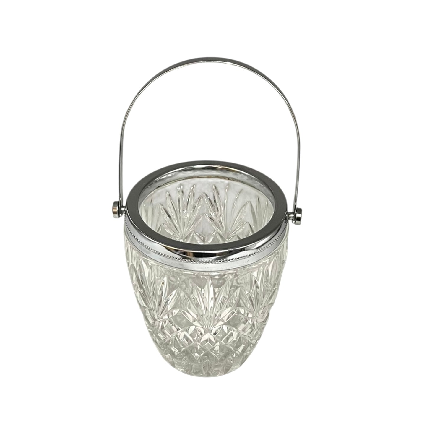Crystal glass ice bucket with silver rim on a white background