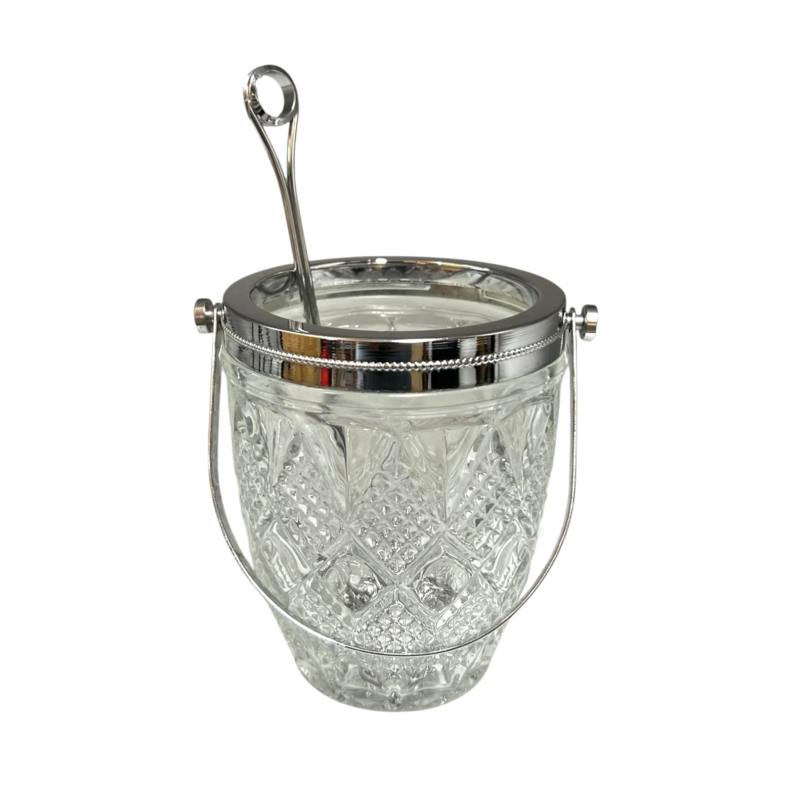 Clear glass ice bucket with silver scoop and handle on a white background