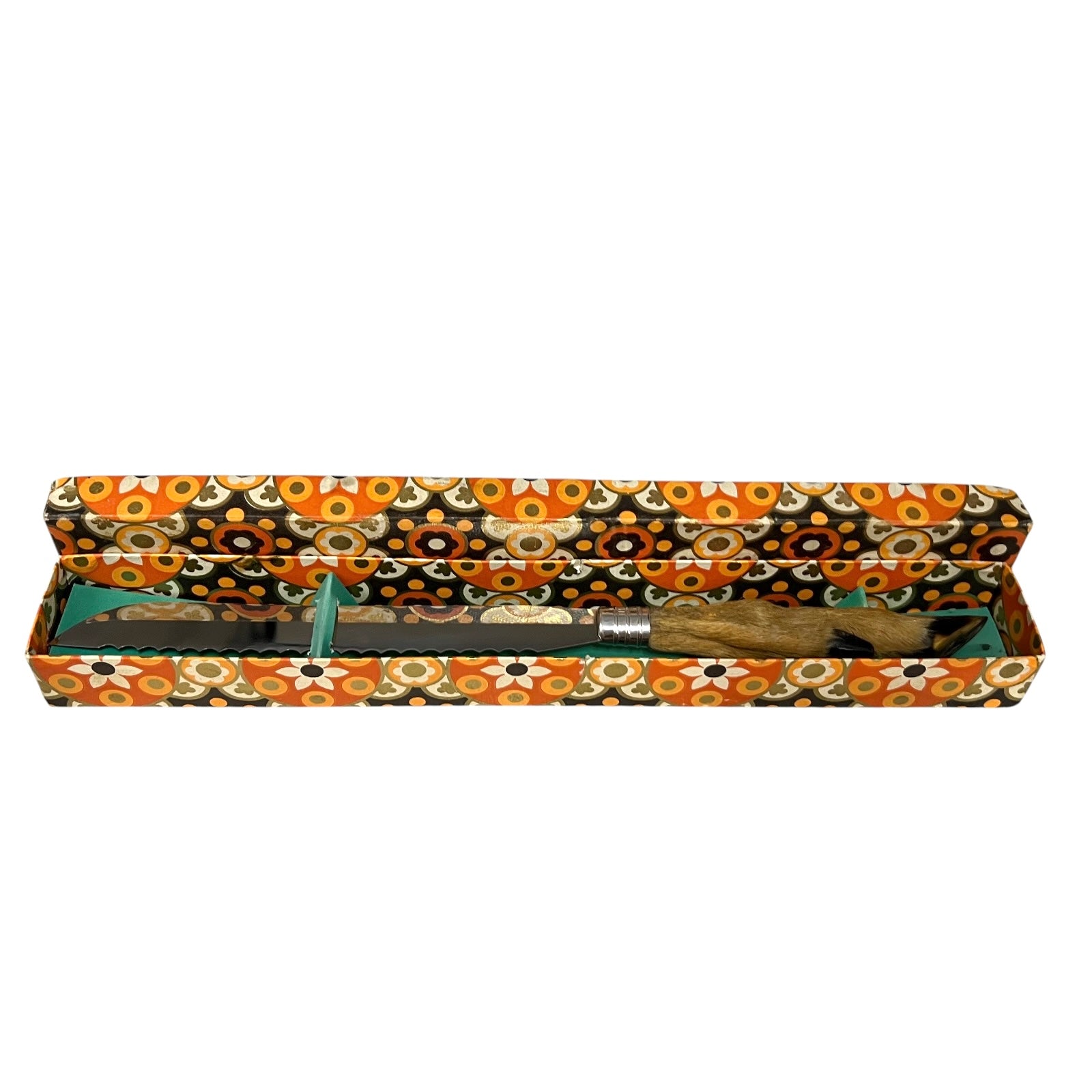 A decorative rectangular presentation box with an open lid, featuring a bold retro pattern in orange, black, white, and yellow. Inside, a dark wooden wand or stick with a silver-toned metal cap is secured in a green foam insert against a plain white background.