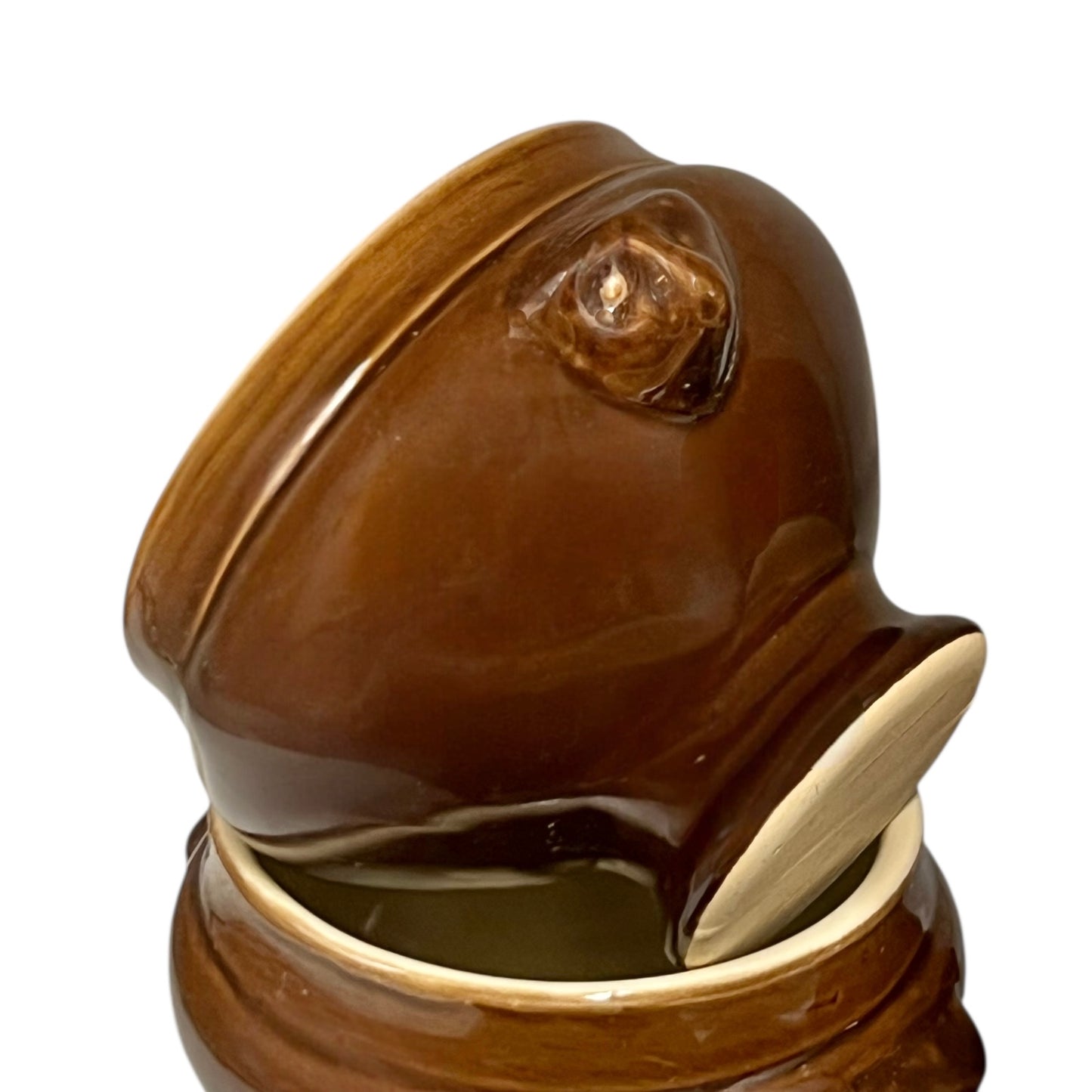 Brown ceramic bowl with decorative lion head handles on a white background