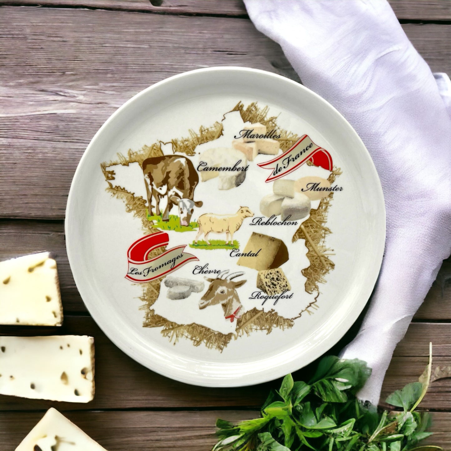 image French porcelain cheese plate decorated with cheese images