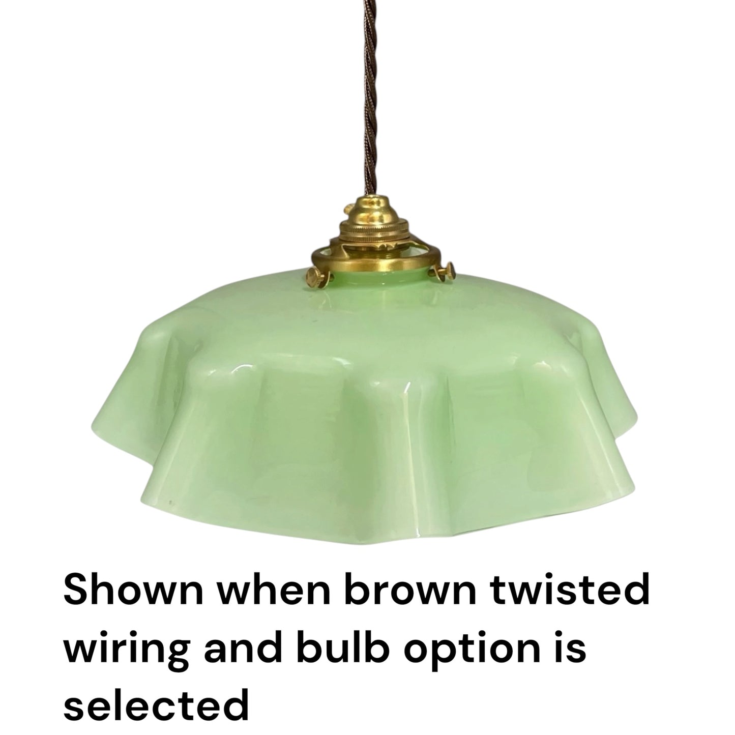 pale green milk glass lampshade with detailed text on a white background