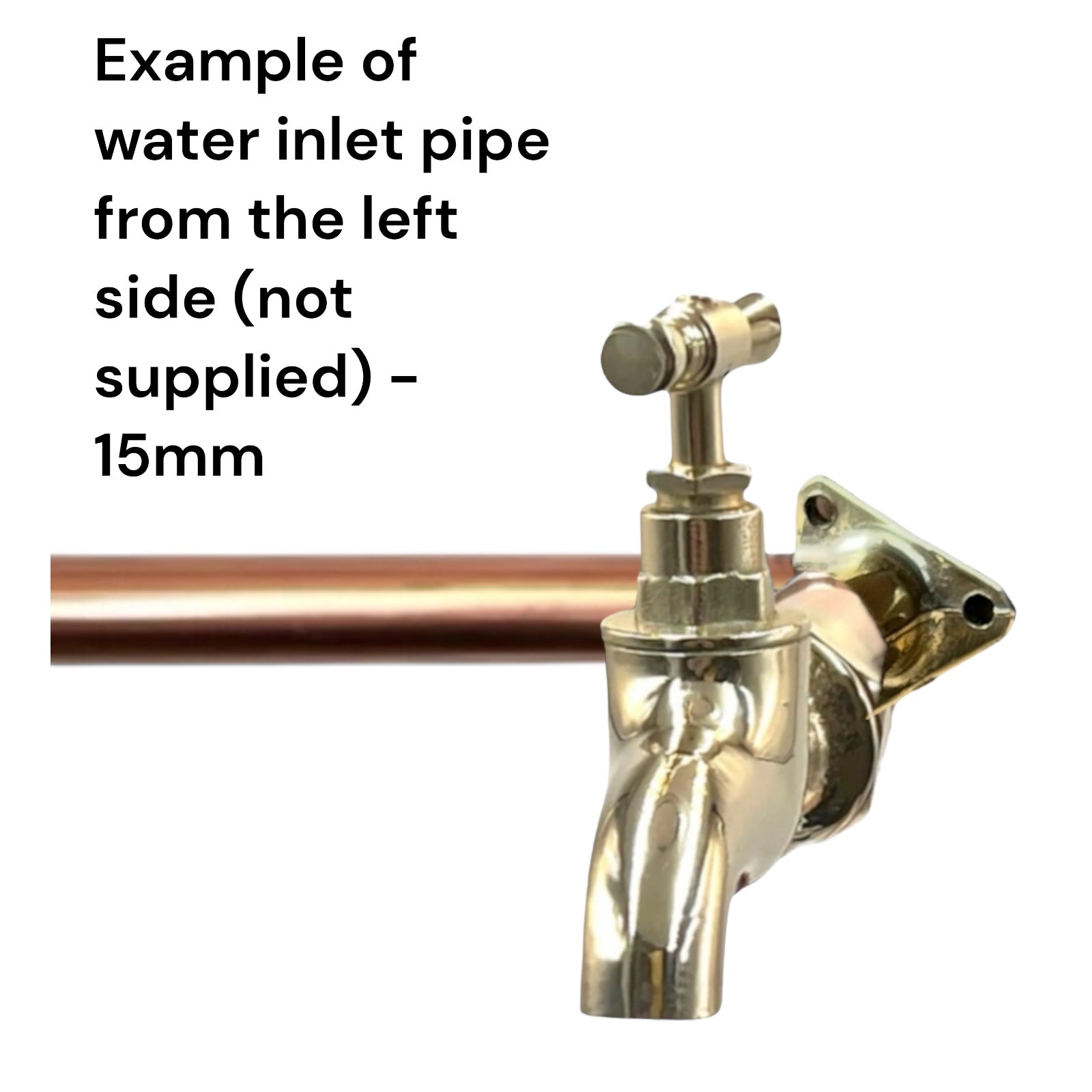 Brass tap head with a copper water inlet pipe from the right side on a white background