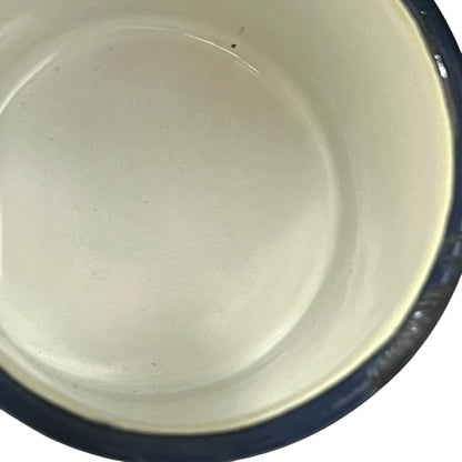 Close up of a white enamel milk churn and mug with duck design on a white background