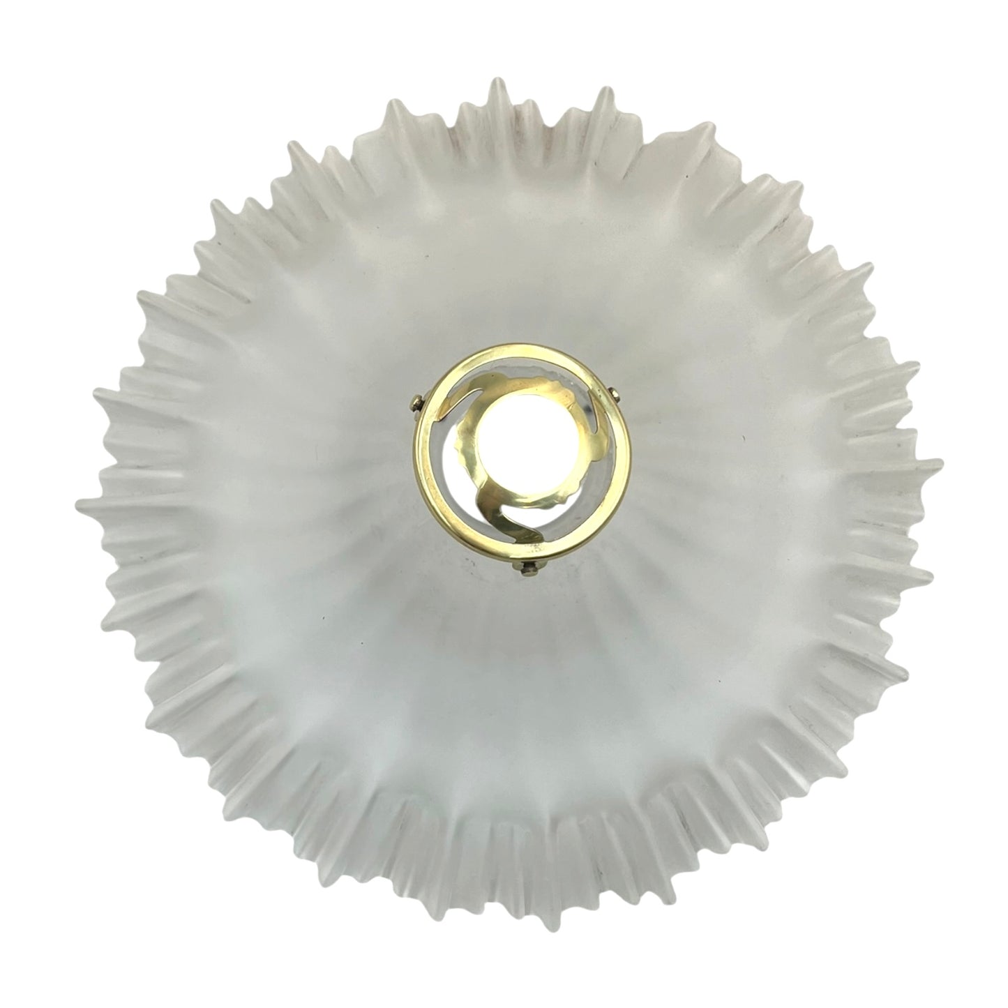 Decorative French vintage frosted glass lamp shade with a ribbed design and gold fixture on a white background