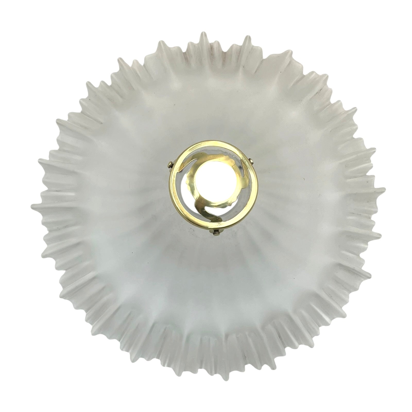 Decorative French vintage frosted glass lamp shade with a ribbed design and gold fixture on a white background