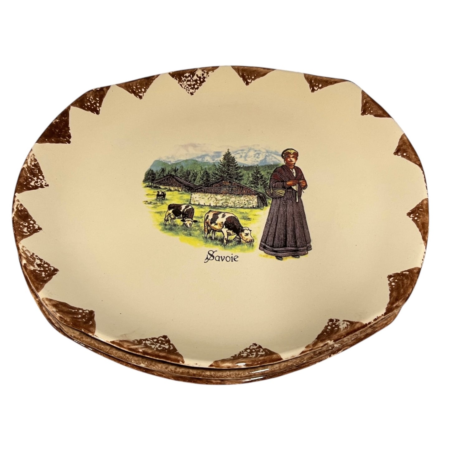 Decorative plate with a woman and cows illustration and 'Savoie' text on a beige background