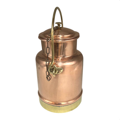 Vintage Copper & Brass Milk Cream Churn, Small 1.9L French Copper Canister with brass handle and lid on a chain for sale 