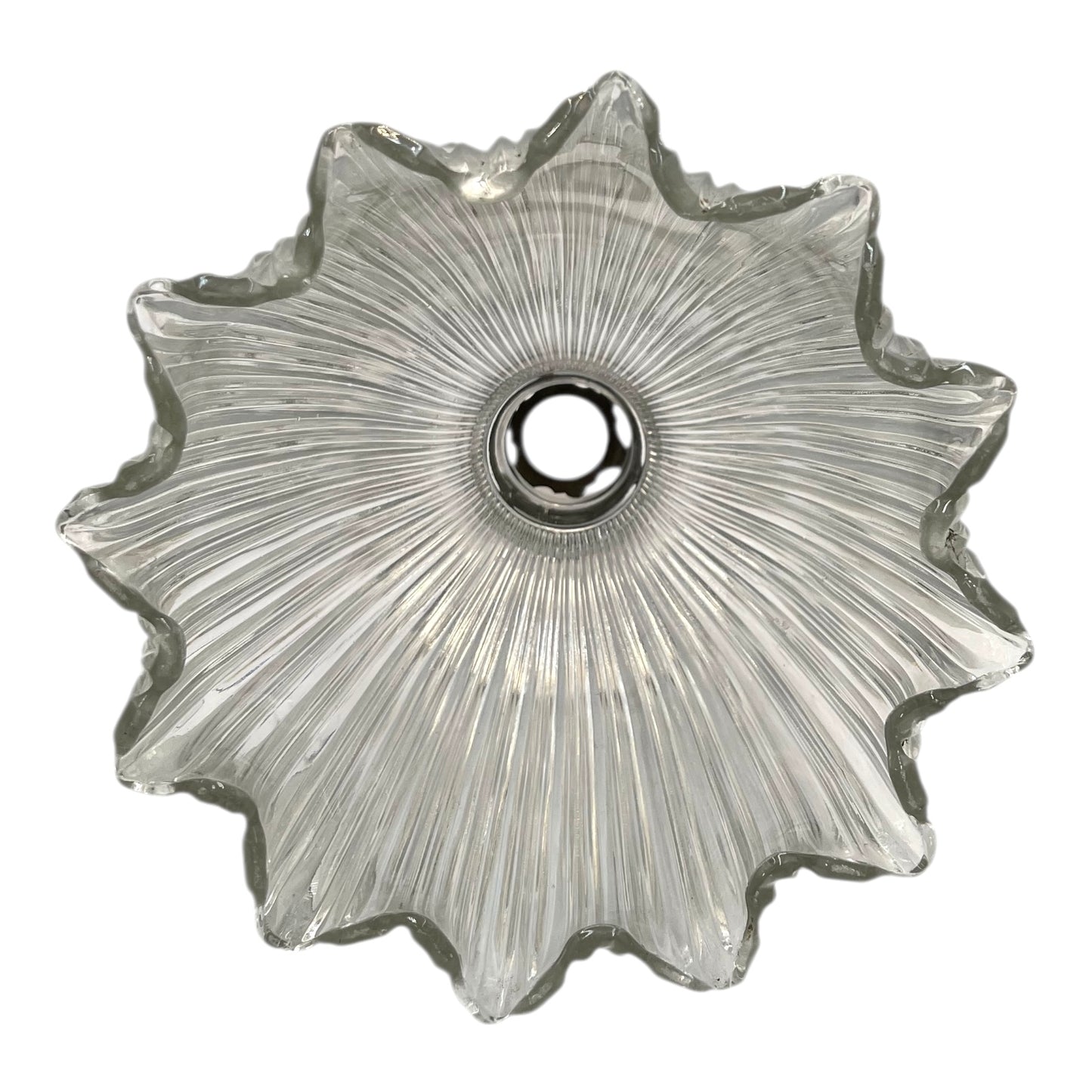 Clear glass lightshade with textured design on a white background