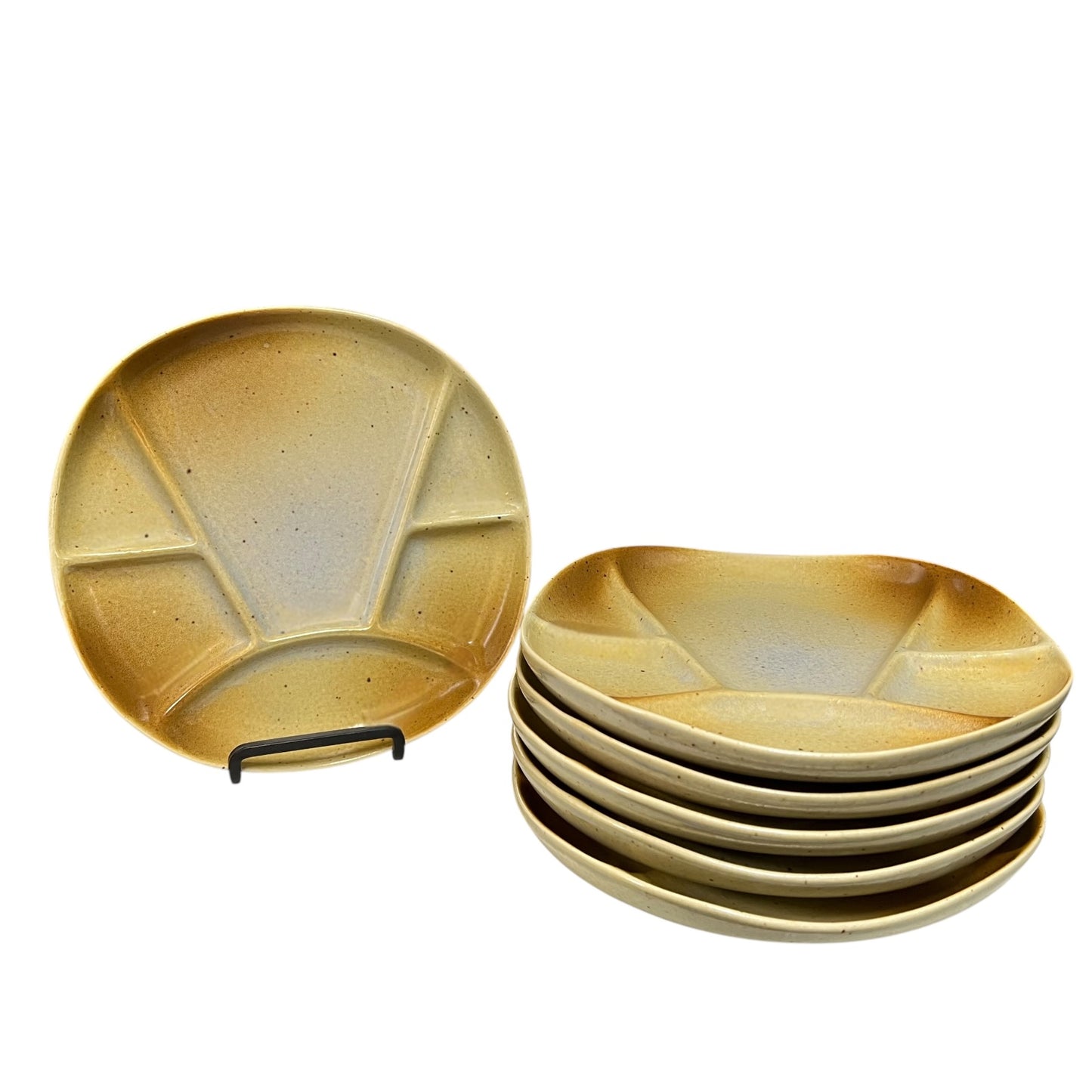 Set of 6 brown mid century ceramic divided plates with a textured finish on a white background