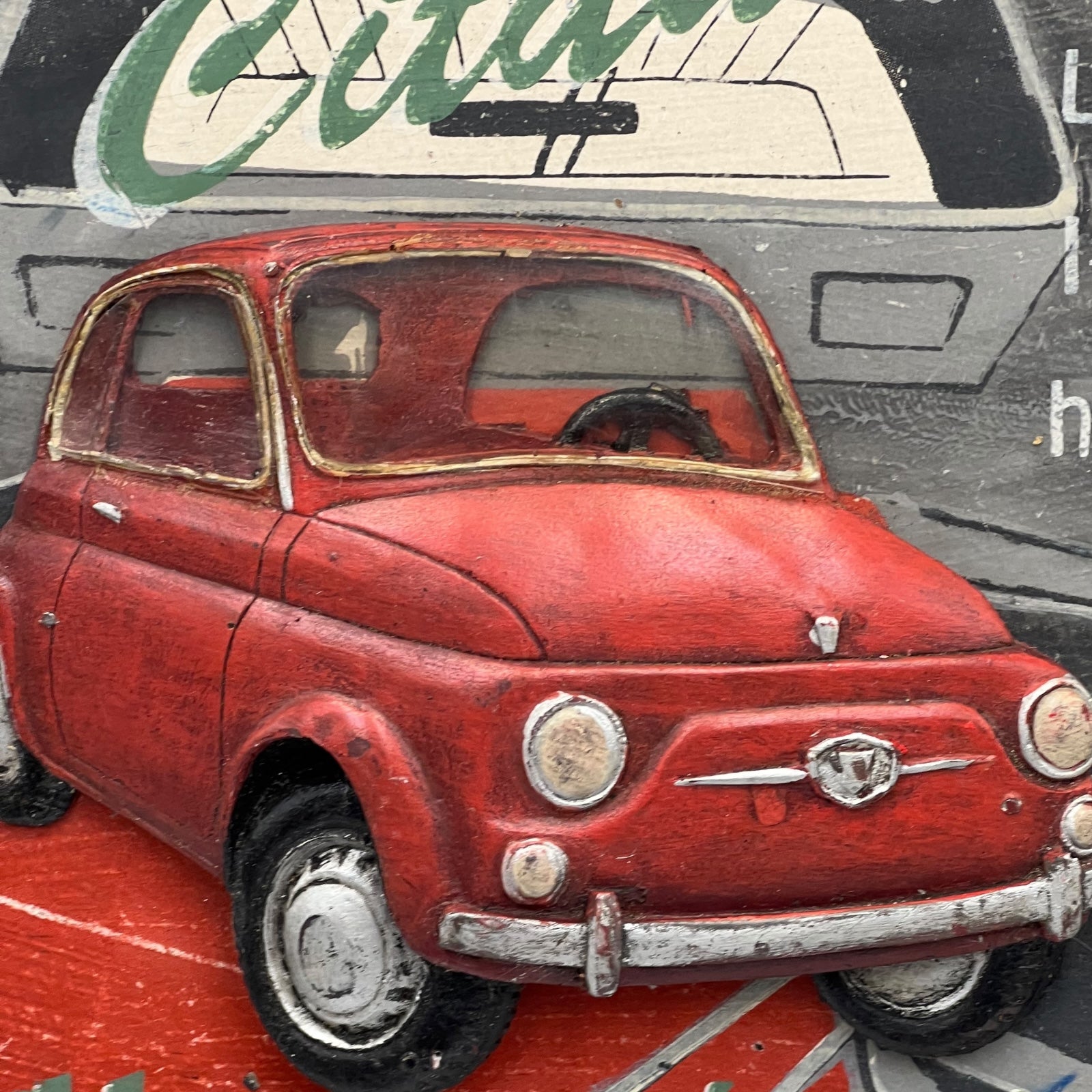 Close up of wooden Fiat 500 3d picture