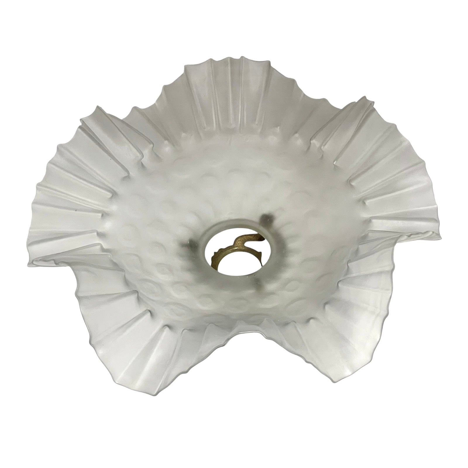 inside view of a French vintage frosted glass lampshade with a frilled scalloped style edge  on a white background