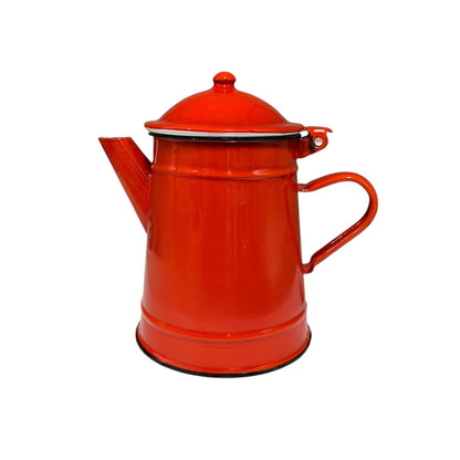 Red vintage enamel teapot on a white background
