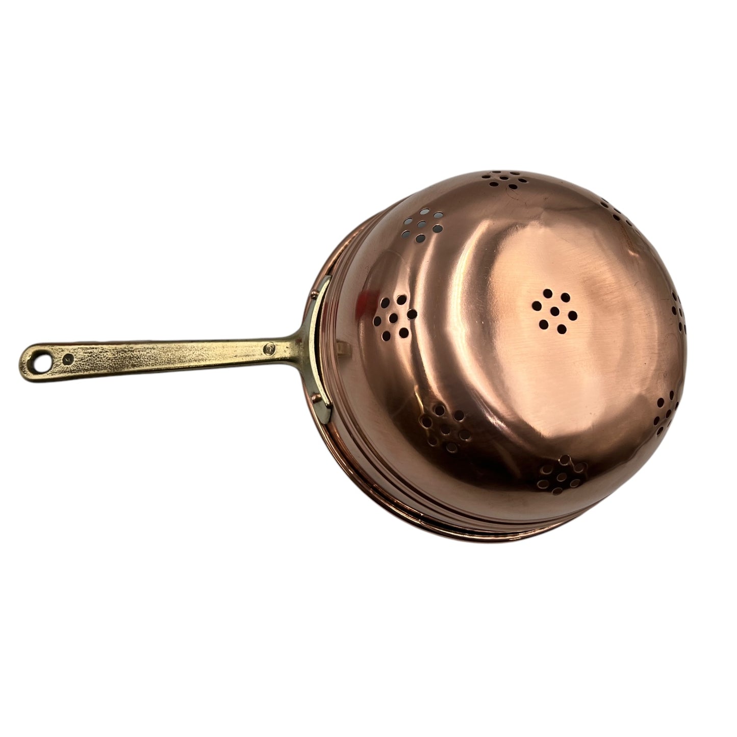 French copper colander with a single brass handle on a white background 