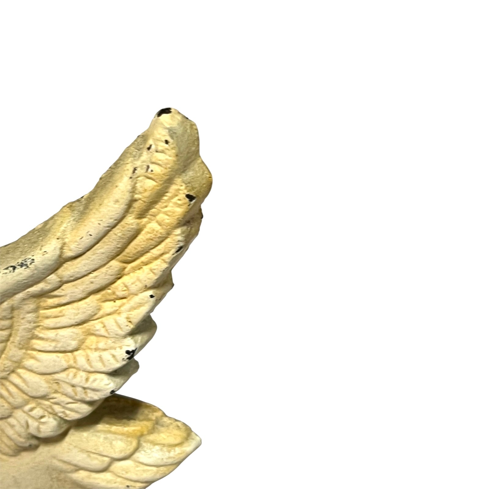 A close-up of a textured, cream-colored winged sculpture or decorative object on a plain white background.