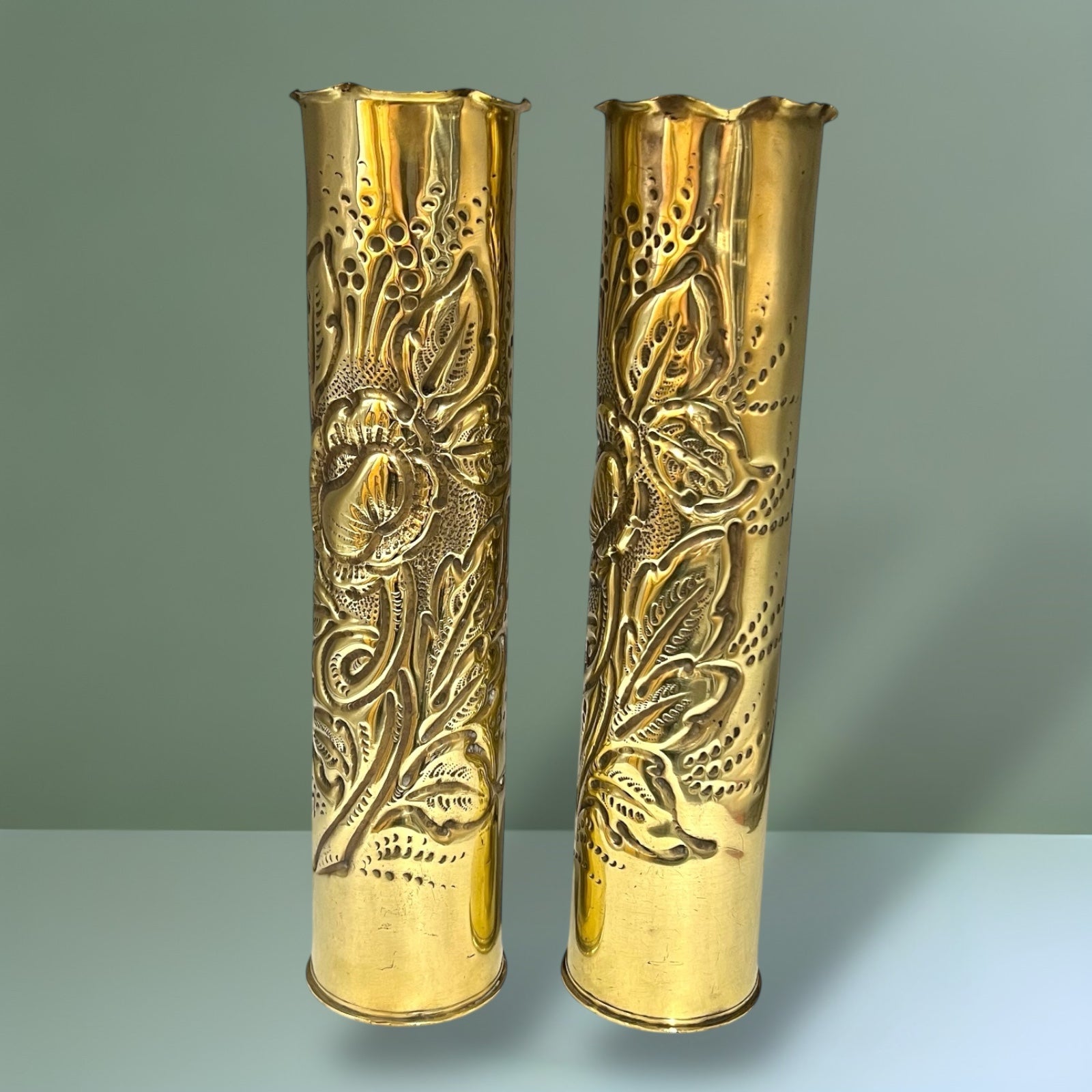 Pair of WW1 Trench Art Vases, French Brass Antique Militaria Relic Collectibles for sale from All Things French Store