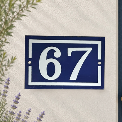 Original French Enamel House Number 67 Sign – Vintage Blue Metal Door Plaque