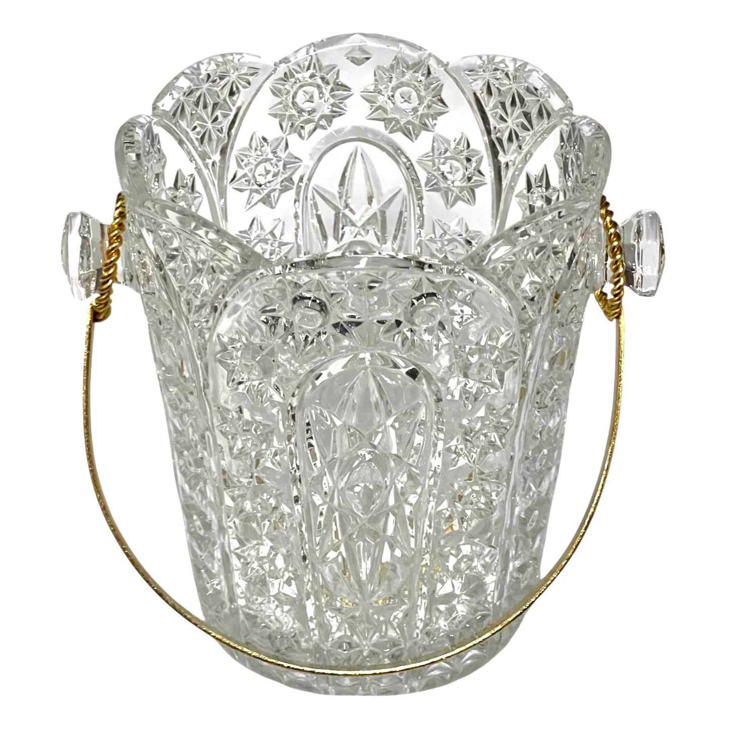 Decorative glass ice bucket with a handle, ideal for a home bar or cocktail bar on a white background