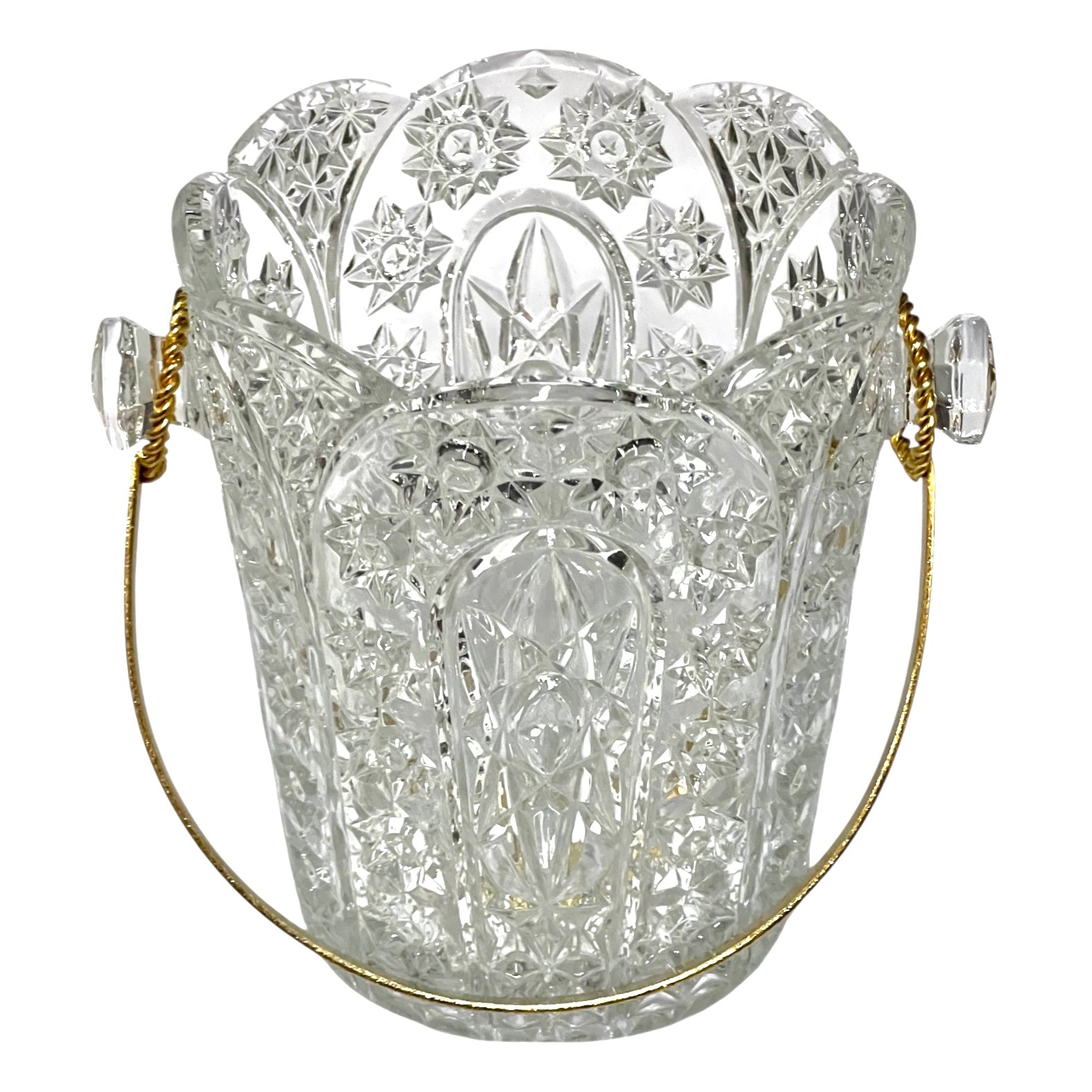 Decorative glass ice bucket with a handle, ideal for a home bar or cocktail bar on a white background