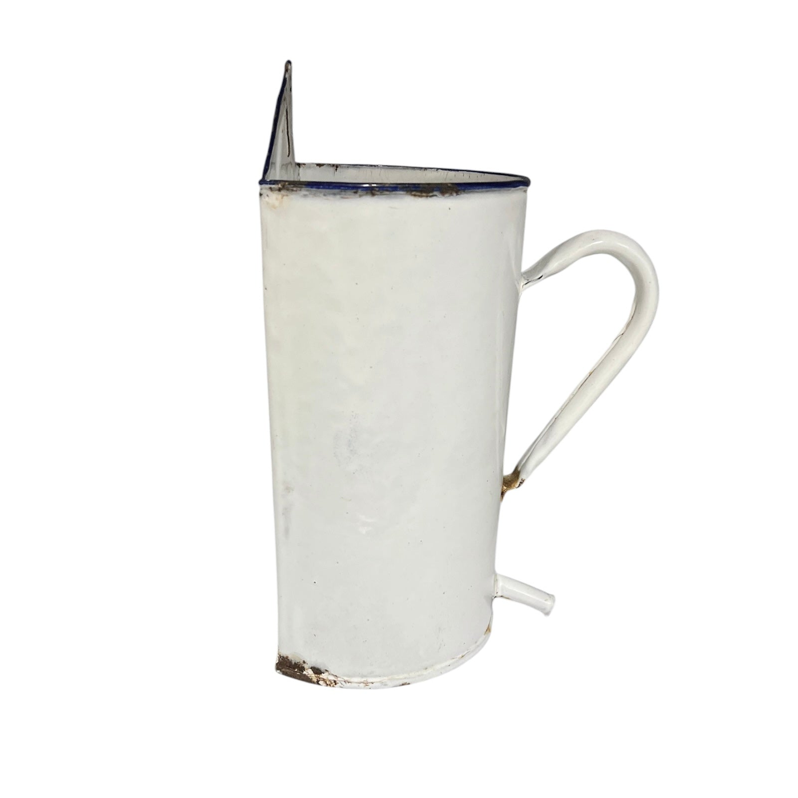 A vintage white enamel pitcher with a blue rim, a tall handle, and a small pouring spout, shown against a plain white background.