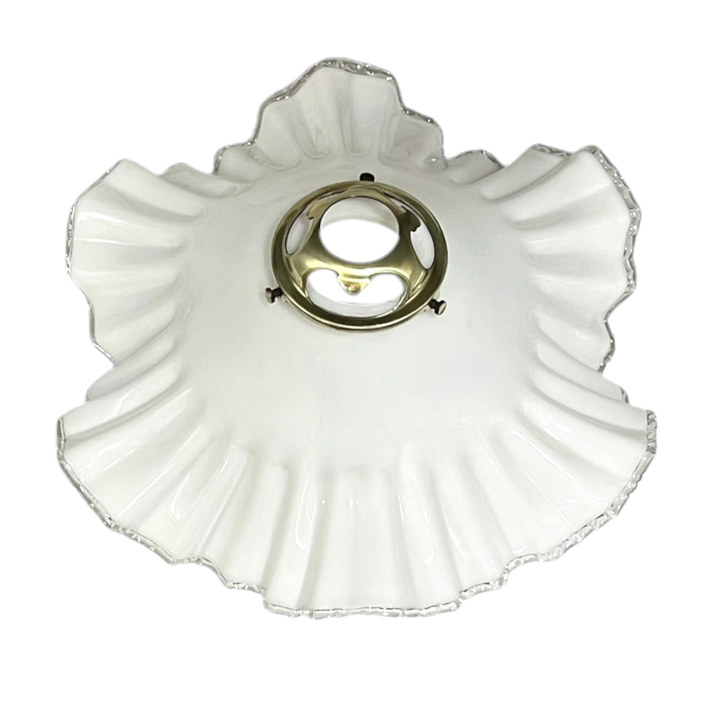White glass lampshade with scalloped edge on a white background