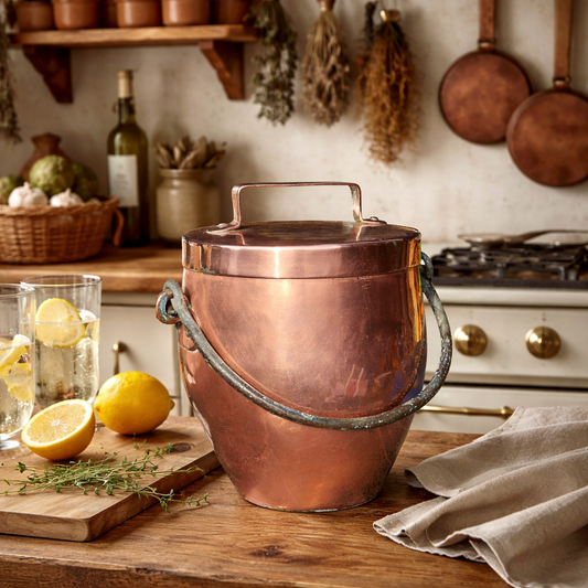 Copper pot on a wooden kitchen counter with lemons and herbs, rustic kitchen background.