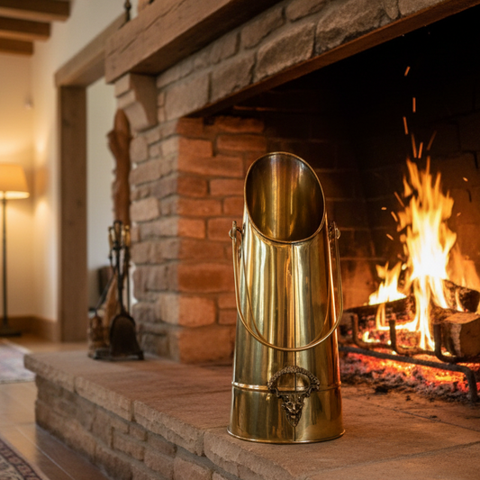 Gold decorative item on a stone fireplace with a roaring fire