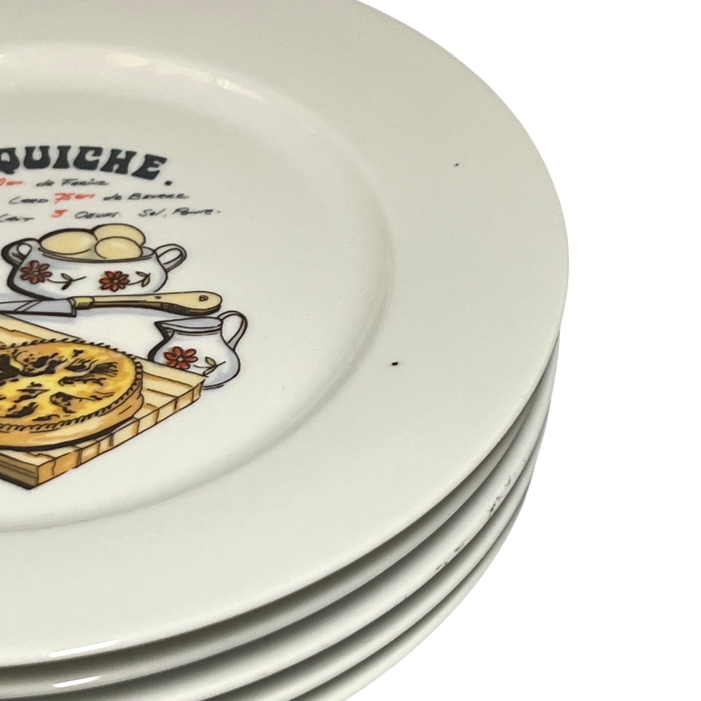 Set of ceramic plates with quiche illustration on a white background