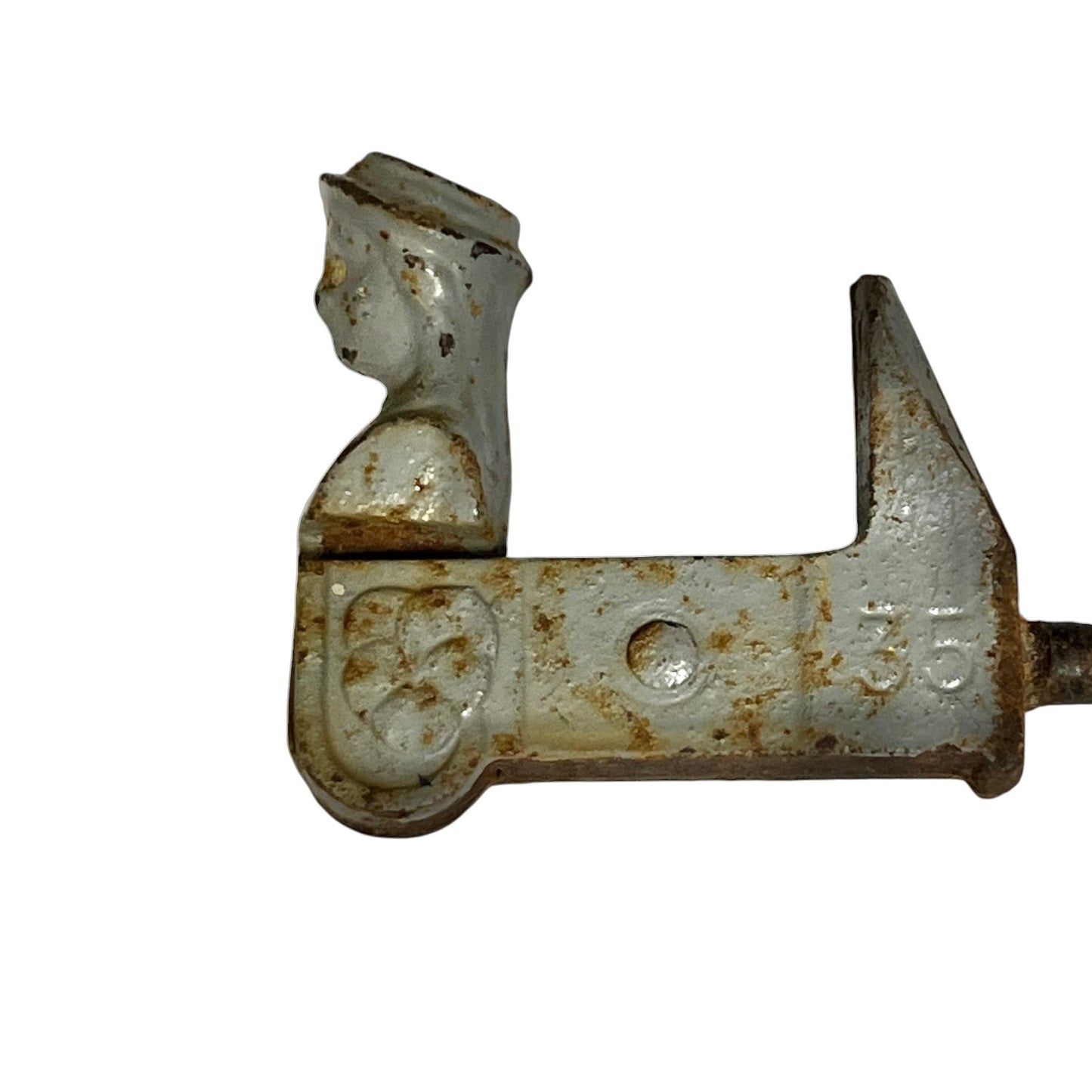 A vintage shutter dog with a weathered, rusted finish and the number '35' stamped on it, isolated on a white background.