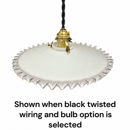 Vintage French Opaline Milk Glass Pendant Pie Crust Lampshade with Brass Collar