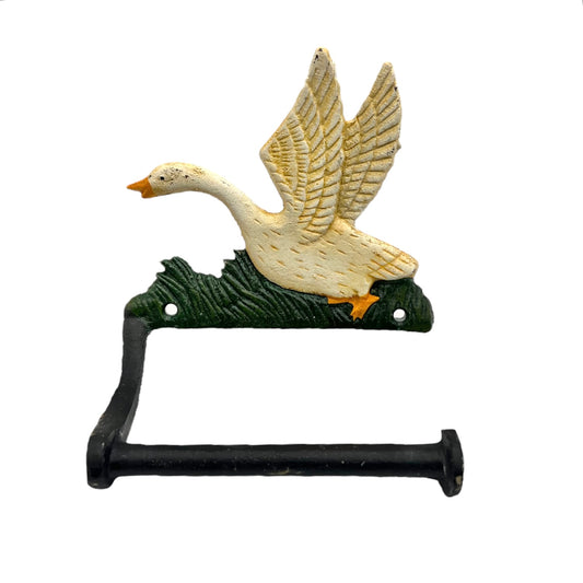 Decorative toilet paper holder with a goose design on a white background for sale from All Things French Store