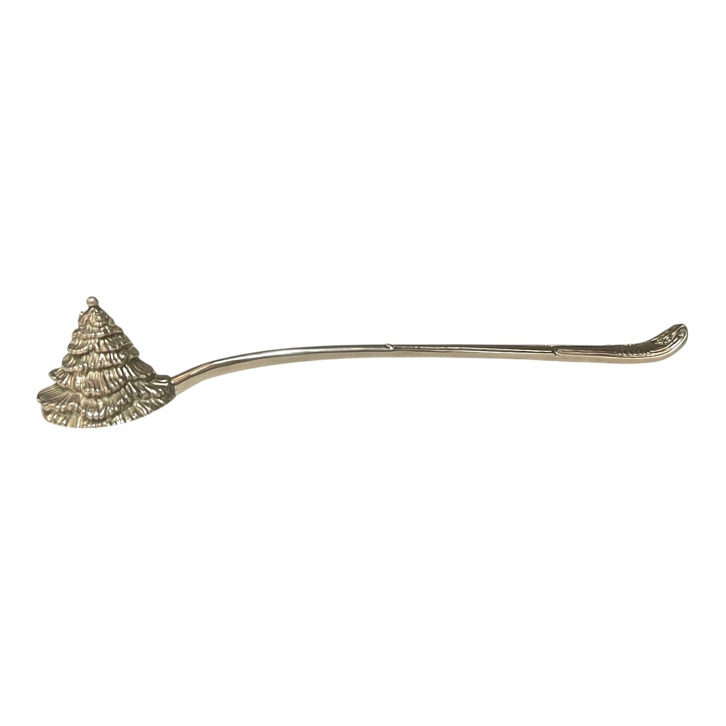 Decorative Christmas tree shaped silver candle snuffer on a white background