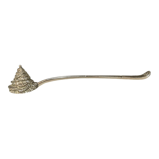 Decorative Christmas tree shaped silver candle snuffer on a white background