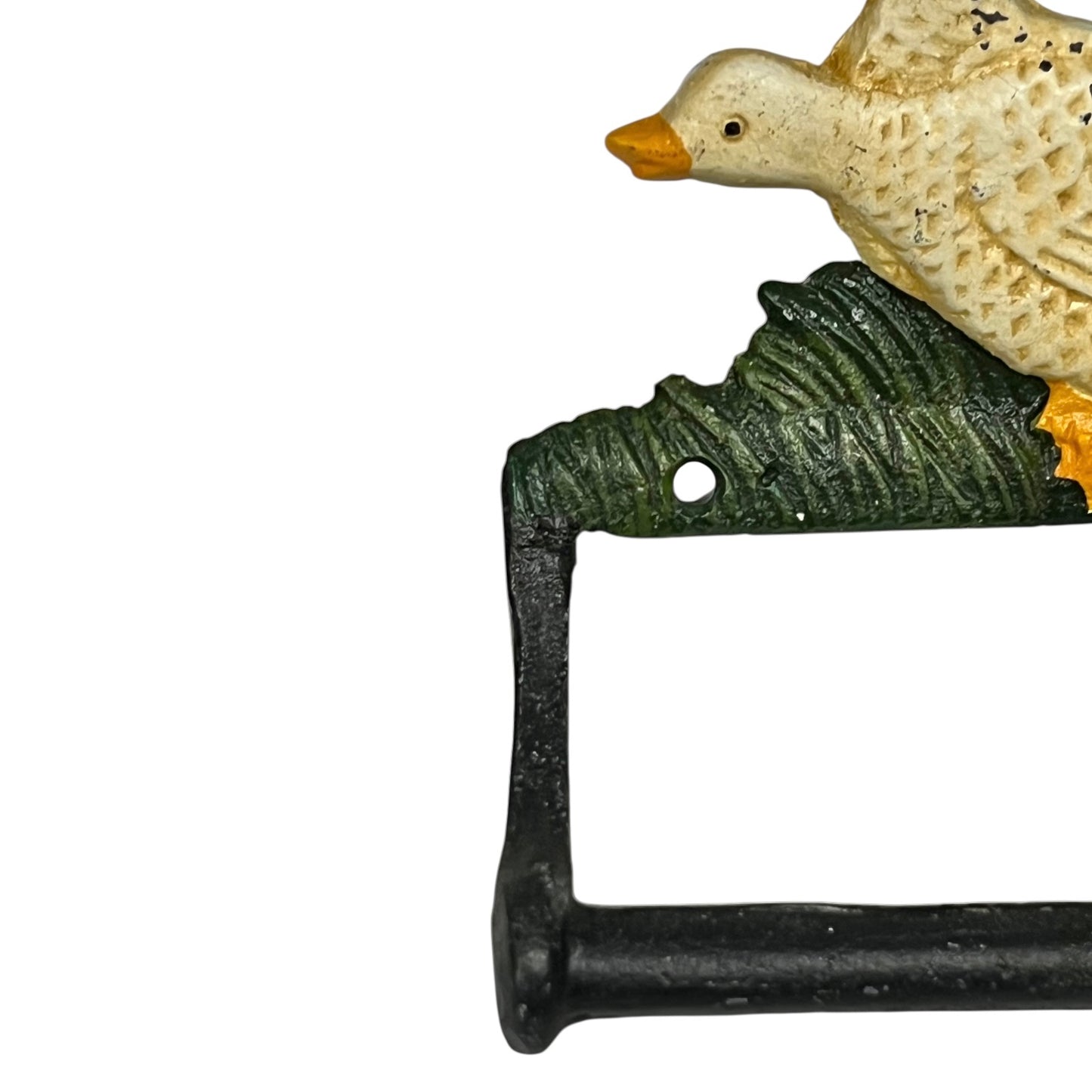 Close up of toilet roll holder with a goose design on a white background
