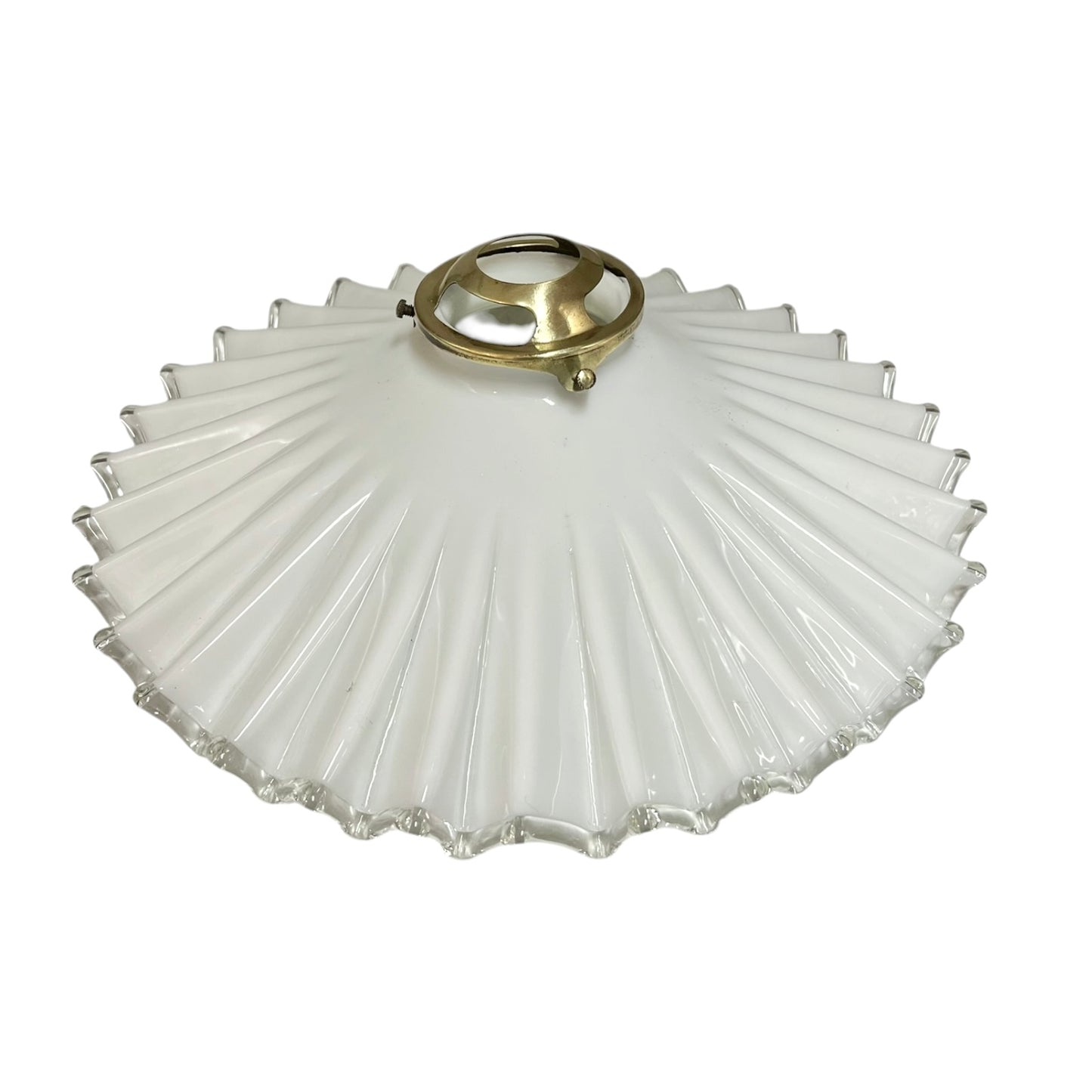 White scalloped-edge glass lampshade with brass fitting on a white background, for a period living room styling or vintage home decor 