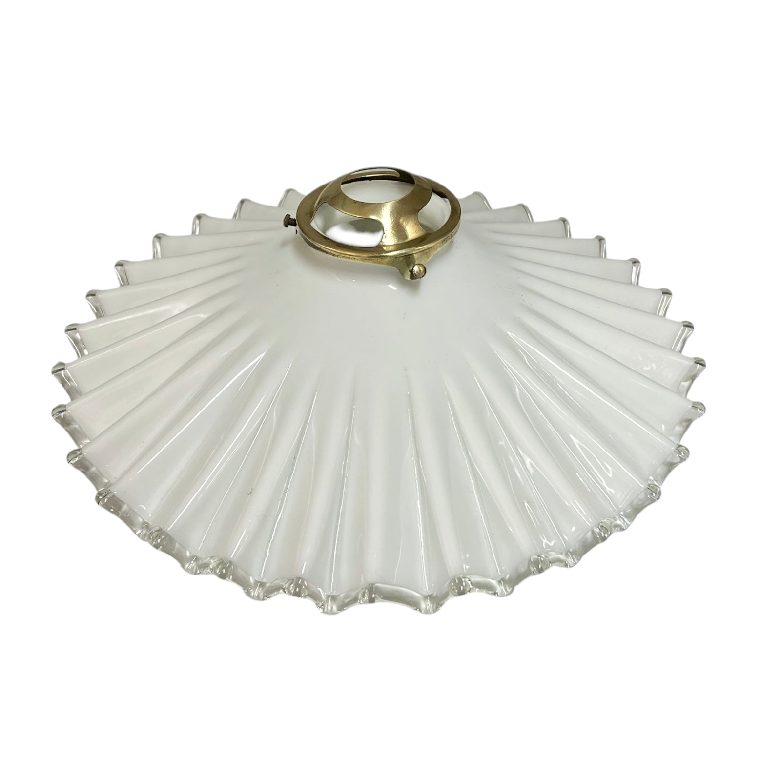 White scalloped-edge glass lampshade with brass fitting on a white background, for a period living room styling or vintage home decor 