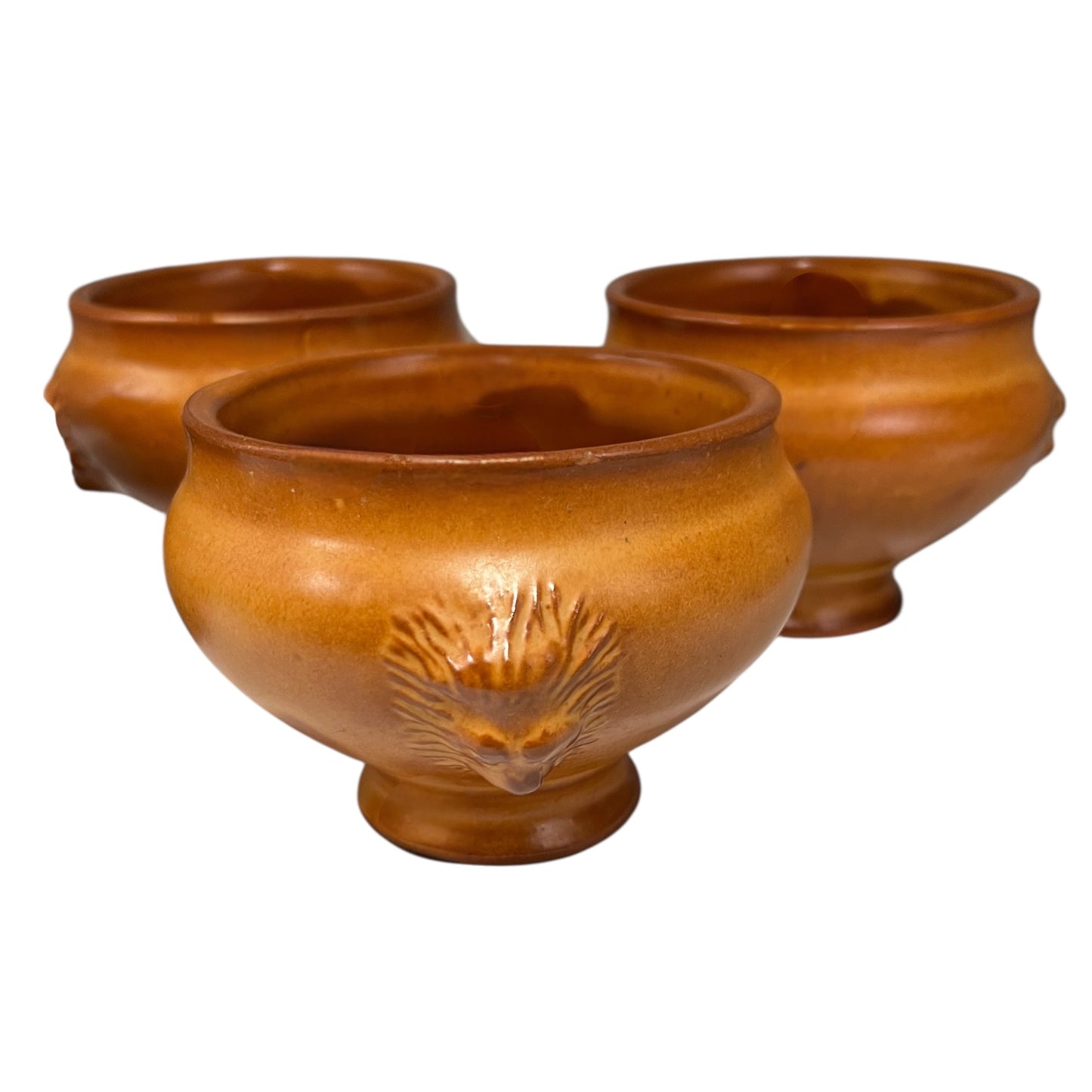 set of 4 French traditional lions head handle soup bowls on a white background