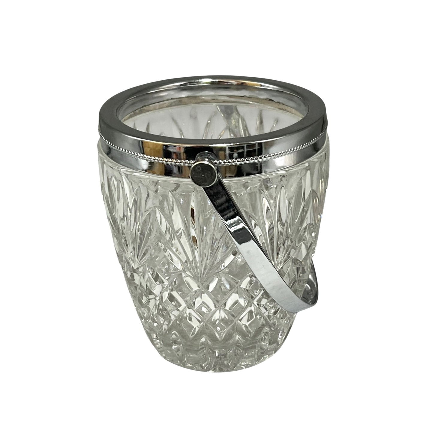 Crystal glass ice bucket with silver rim on a white background