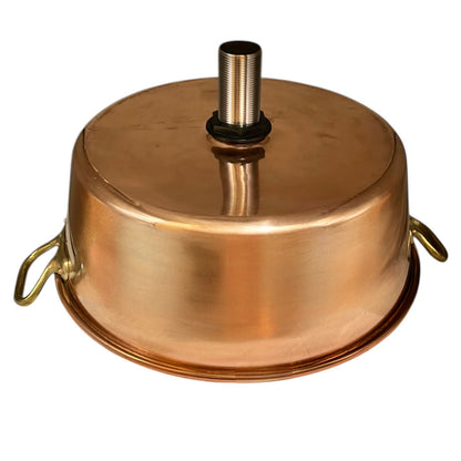A copper sink, featuring two side handles and a central threaded neck with a black rubber gasket, shown on a plain white background.