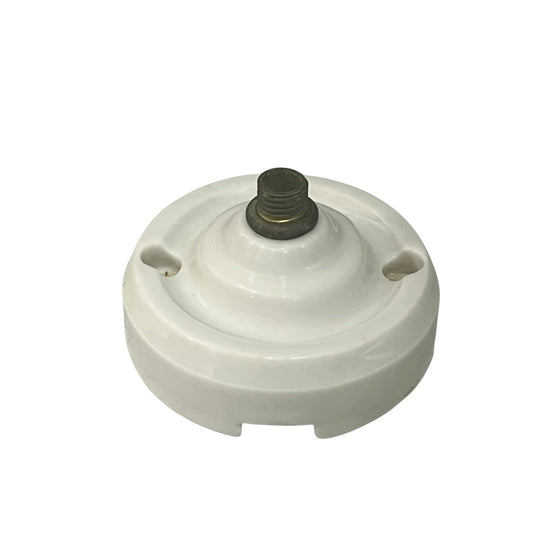 White French porcelain ceiling light rose fitting with a brass screw and 2 screw holes on a white background