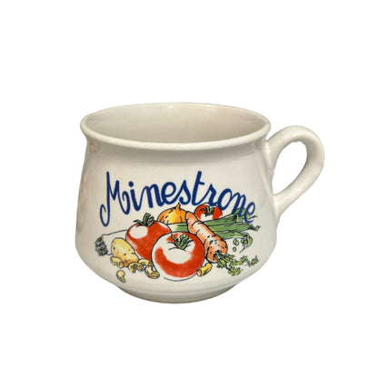 White mug with 'Minestrone' text and vegetable illustrations on a white background