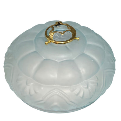 Top view showing the original brass gallery fitted to the vintage French frosted pale blue glass light shade