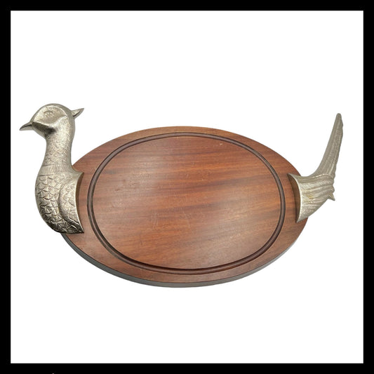 French vintage wooden and metal chopping or carving board  with pheasant decoration